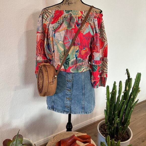 Boho floral palm multi-coloured off-the-shoulder blouse with ruffle sleeves - Picture 4 of 8